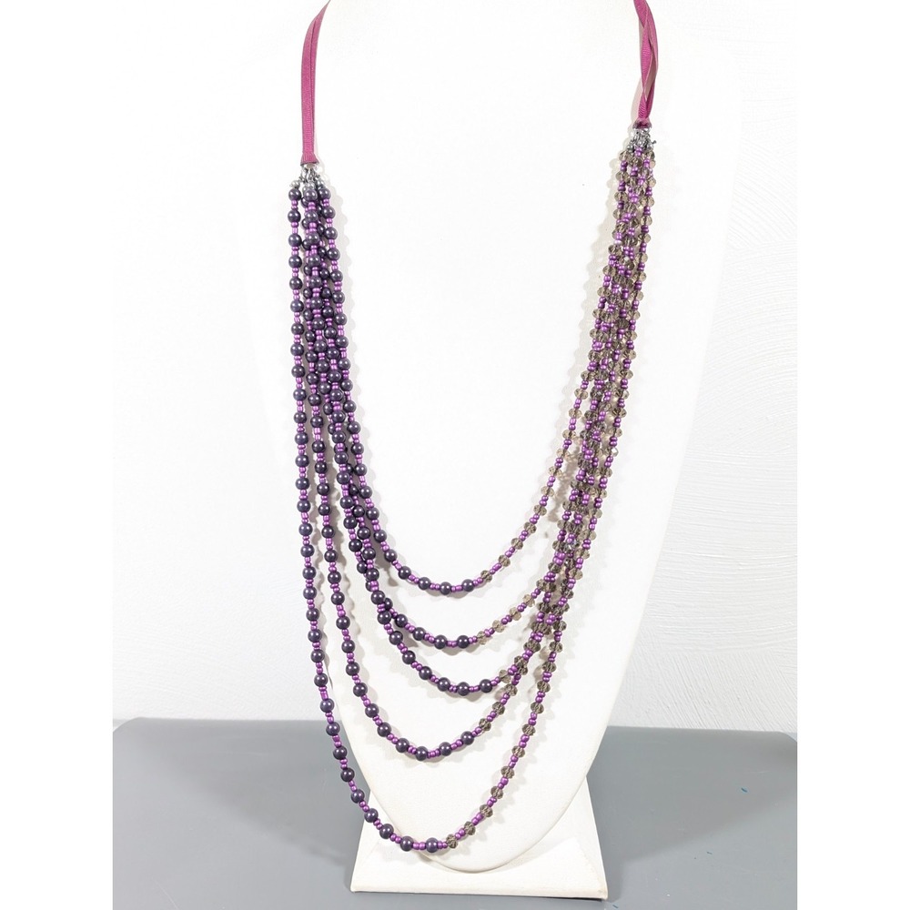 Lane Bryant Purple Faux Pearl Layered Bead Necklace Ribbon Long 35"